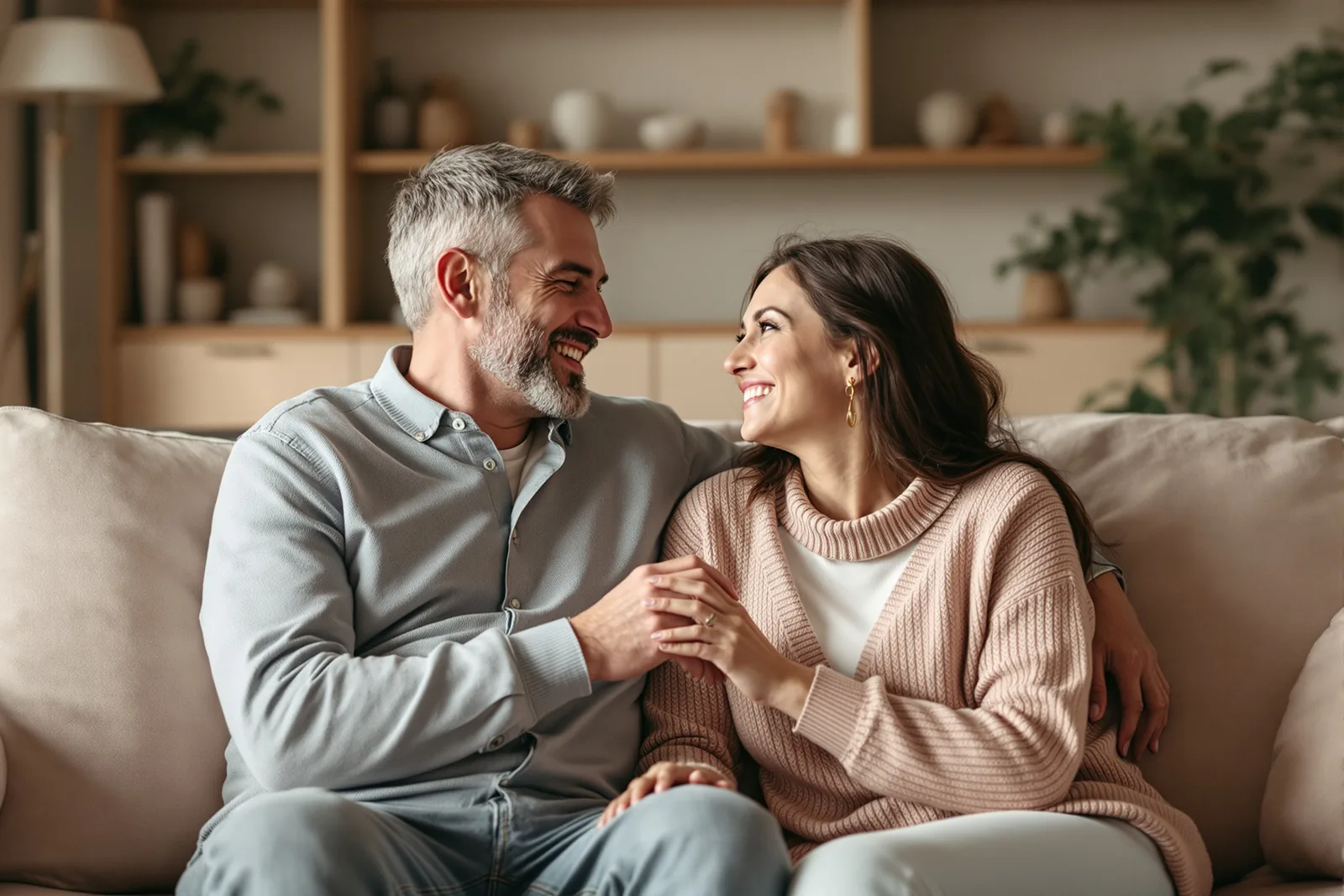 Un couple réconcilié, complice, assis ensemble dans un salon chaleureux